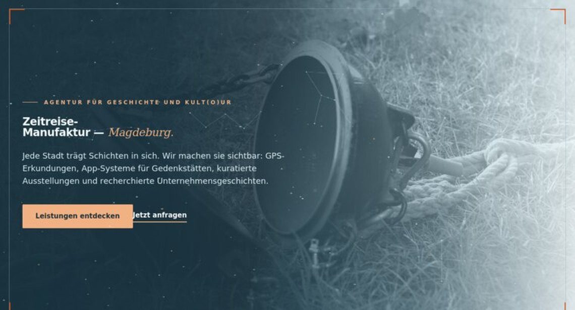 Startseite der Website der Zeitreise-Manufaktur, Agentur für Geschichte und Erlebnislernen in Magdeburg